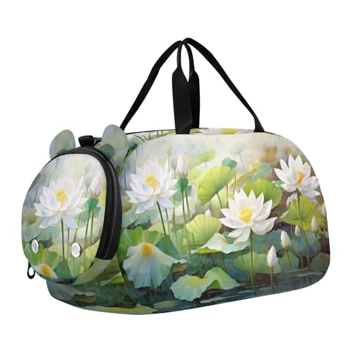 Watercolor White Lotus Duffle Bag for Girl, Sports Duffle Gym Bags with Shoe Compartment, Personalized Overnight Bag Travel Weekender for Kids