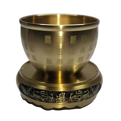 YUERVIEW Brass Hundred Blessings Jar & Pi Xiu Base - 90+ Engraved Fu Symbols, Feng Shui Wealth Decor, Chinese Prosperity Gift for Home Office