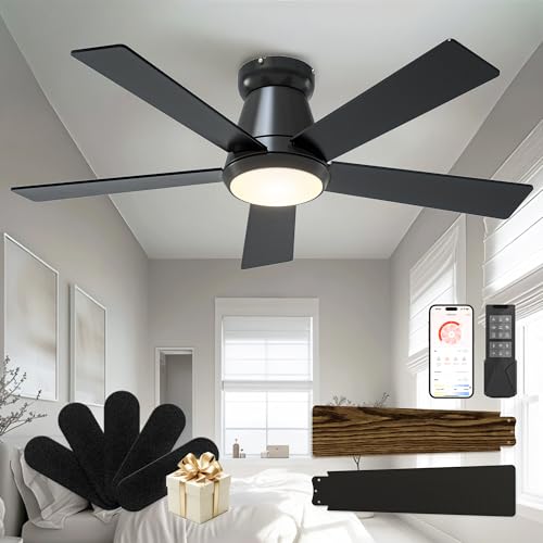 CubiCubi Ceiling Fans with Lights, 42 Inch Low Profile Ceiling Fan with Light and Remote/APP Control, Flush Mount, Stepless Dimmable, 6 Speeds, Quiet, LED Smart Ceiling Fans for Indoor Bedroom, Black