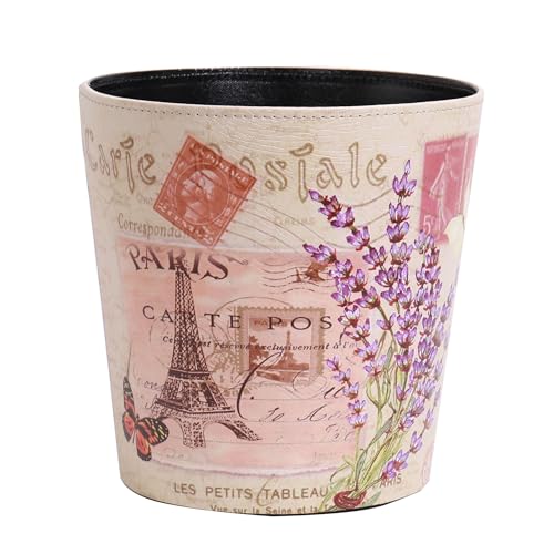 Image of PU Leather Small Trash Can Wastebasket, Round Garbage Container Basket for Bathrooms, Laundry Room, Kitchens, Offices, Kids Rooms, Bedrooms,Dorms,Home Decorative Art Bin, 2.9 Gallon(Lavender Design)