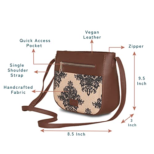 Image of ZOUK Women's Handcrafted Cream Mughal Motif Printed U Shaped Sling Bag