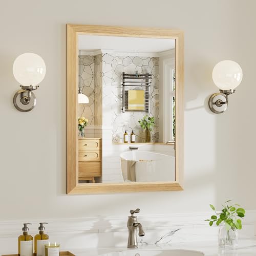 Image of 24x32 Inch Bathroom Mirror for Wall, Anti-Rust Oak Wood Grain Metal Framed Bathroom Mirrors for Over Sink,Rectangler Mirrors for Bathroom Vanity, Farmhouse, Bedroom, Living Room, Entryway Decor