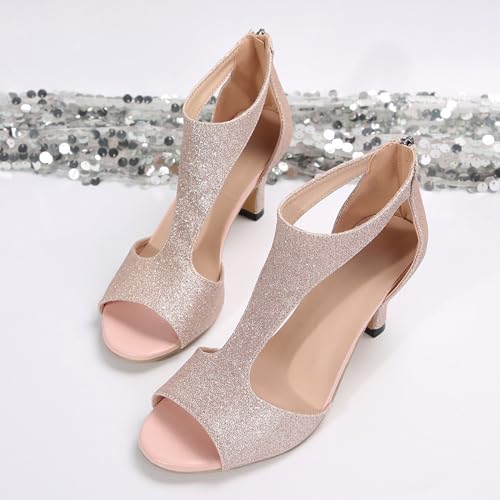 Women's Fashion Open Toe Pump Heel Sandals Dressy Glitter High Heels Shoes Party Wedding Pumps Elegant Sandal 6