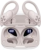PocBuds Bluetooth Headphones Wireless Earbuds 80hrs Playtime Wireless Charging Case Digital Display Sport Ear Buds with Earhook Deep Bass IPX7 Waterproof Over-Ear Earphones for Phone Laptop Beige