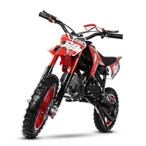 Kids Dirt Bike 49CC 2-Stroke Gas Powered Off Road Motorcycle, Tire Shock Absorber Spring Soft Seat Cushion with Front and Rear Disc Brake Max Speed 28 MPH