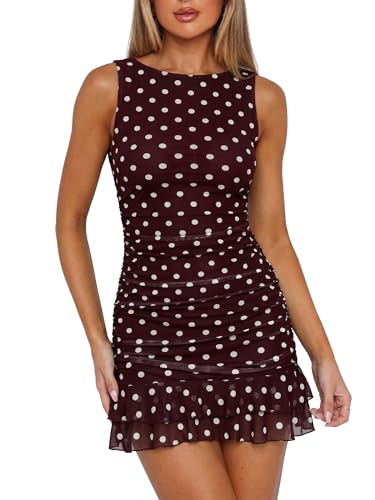 Image of HOCILLE Women's Sexy Bodycon Boat Neck Mini Dresses Sleeveless Ruched Ruffle Hem Club Party Short Dress