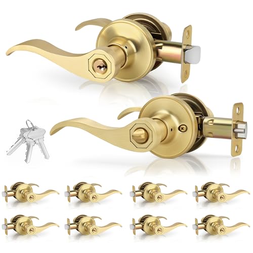Gaurqiah 10 Pack Brushed Gold Door Handles Interior Wave Style Bulk(Keyed Alike), Keyed Entry Gold Door Handles with Same Key and Lock, Reversible Door Lever for Bedroom、Bathroom、Closet, Satin Brass by Gaurqiah - Used condition - US$80.22