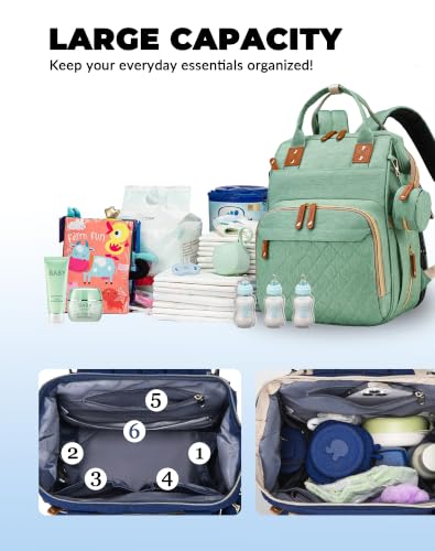 Image of Diaper Bag with Changing Station, Baby Backpack with Foldable Changing Pad | Waterproof Large Backpack for Mom & Dad, Shower Gifts for Mom Dad Girl Boy, Baby Newborn Essential, PaleGreen