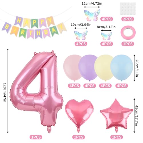 Canitor 4th Birthday Decorations for Girl 4 Year Old Princess,16pcs 12 Inch Pastel Balloons,Happy Birthday Banner,Number 3 Balloon,3d Butterflies Stickers,18 Inch Star Heart Balloons - Image 4