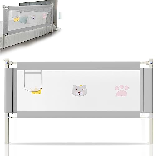 Fogmiea Barrera de cama con protección anticaídas, 2 x 180 cm + 1 x 150 cm, altura ajustable 64 – 96 cm, barrera de protección para niños pequeños, rejilla para cuna con red aireada, color gris
