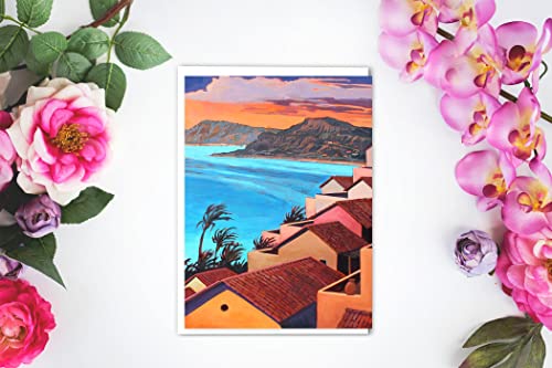 Image of Stonehouse Collection | Village by the Sea, Mexico Note Cards | USA Made | Set of 10 Thank You, Blank Note Card (Seaside View)