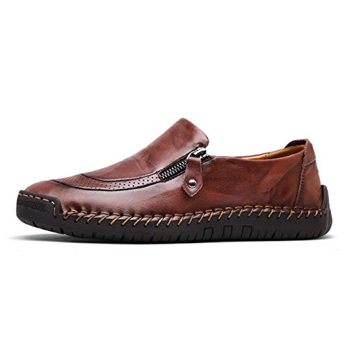 Qiucdzi Mens Leather Comfortable Shoes Hand Stitching Zipper Non-Slip Casual Shoes Loafer Boat Sneaker (8.5, Dark Brown, Numeric_8_Point_5)