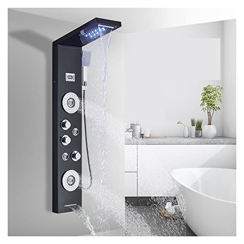 Panel de ducha negro con luz LED, cascada, ducha de lluvia, grifo mezclador y columna de masaje con pantalla de temperatura (9006x Negro cepillado) miniatura 3
