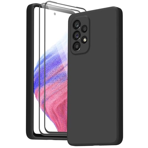 Yisica Funda para Samsung Galaxy A53 5g, Funda de Silicona con Forro de Microfibra Suave, Diseño Especial de Borde Recto (Negro con 2 Protector de Pantalla, Samsung A53)