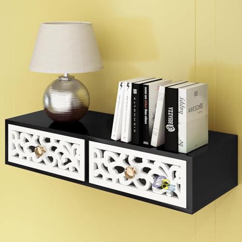 Image of Engineered Wood Floating Shelves With Drawer, Wall Shelves Multi Use As Cabinet Or Nightstands For Desk Or Wall Storage (Black & White)