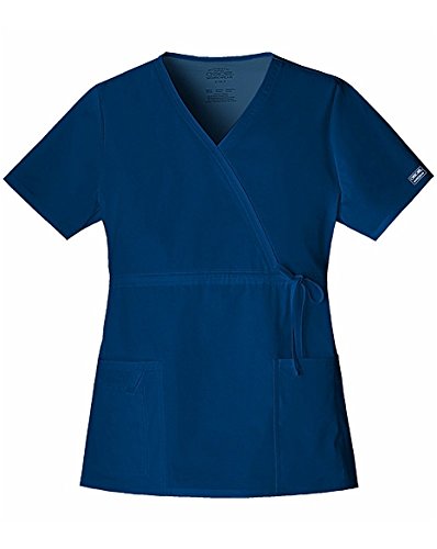 Cherokee Women's Workwear Scrubs Core Stretch Gathered Front Mock Wrap Top, Navy, Large