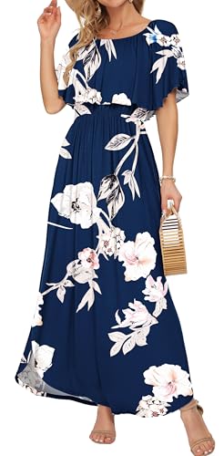 Image of AUSELILY Womens Off Shoulder Ruffle Split Summer Maxi Dresses with Pockets | Off-shoulder Ruffle dress with empire waist & side split for summer beach and casual parties