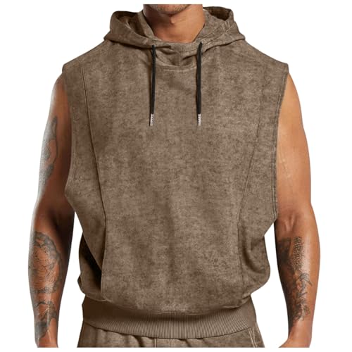 Cexiakong Camiseta sin mangas para hombre, monocolor, deportiva, fitness, muscular, sin mangas, con capucha, holgada, camiseta de compresión elástica, transpirable, ropa deportiva de verano, O Khaki