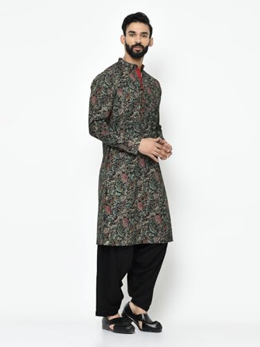 Kisah Men Black Green Ethnic Motifs Embroidered Kurta With Pyjamas, Full Sleaves, Knee Length, Straight, Regular Fit, Mandarin Collar Ethnic Wear