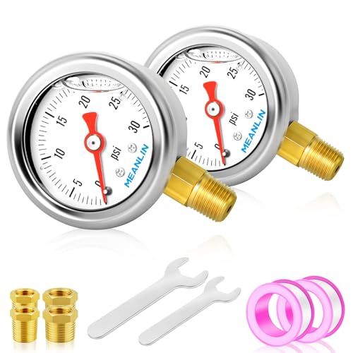 MEANLIN MEASURE 2pcs 0~30Psi Stainless Steel Liquid Filled, 1/8" NPT 1.5" Glycerin Filled Pressure Gauge, Water Oil Air, Lower Mount, with 1/4" NPT and 3/8" NPT Hex Bushing