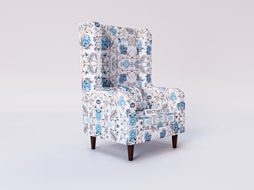 Image of Wooden Wing Chair with Ottoman | Wingback Chair for Living Room | Home Decor Furniture (White with Blue Print)