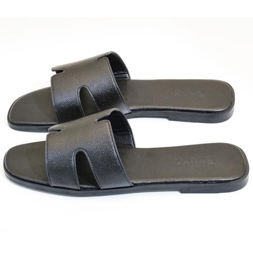 Image of Women's Flat Sandals, Ladies Leather Slippers, Comfy Dressy Slip on Shoes Elegant Slides Summer Fall Spring Cute Open Toe Casual Footwear