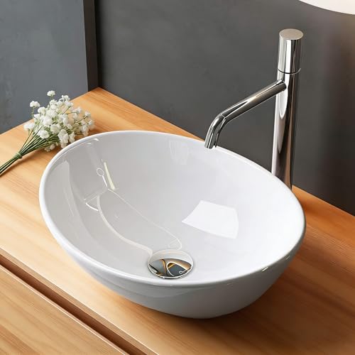 NUESTRA VIDA Vasque à poser ovale en céramique - 41×33×14 cm Mini lavabo design sans trou & sans trop-plein - Idéal pour salle de bain et WC d'appoint