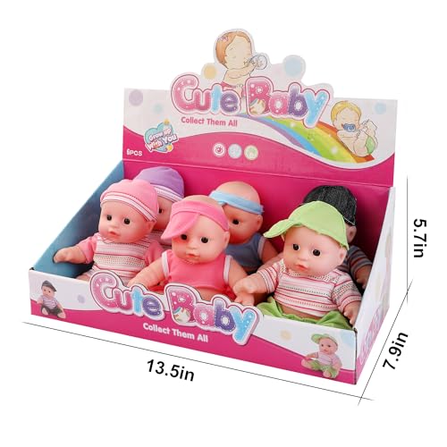 Liberty Imports 6 Pack - Baby Dolls Cute Little Vinyl 8" Infant Dolls, Mini Nursery Toys for Girls, Kids Toddlers - Bulk Gift Bundle Party Favors Supplies