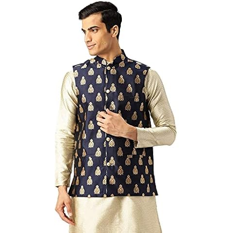 Chaqueta Nehru Sojanya mezcla de seda hombre magenta y dorado Cover
