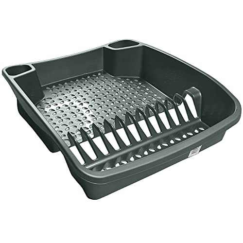 Large Dish Drainer Rack Kitchen Sink Draining Board Countertop Dish Cup Glass Plate Drying Draining Board with Cutlery Drainer Utensil Holder Plastic - 48 x 39 x 11cm - Silver