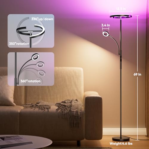 SIBRILLE Floor Lamps for Living Room, Modern Stepless Dimmable Standing Lamp LED Rotatable Reading Standing Light,Touch & Remote Control Uplighter Floor Lamp for Living Room Bedroom Office - Image 3