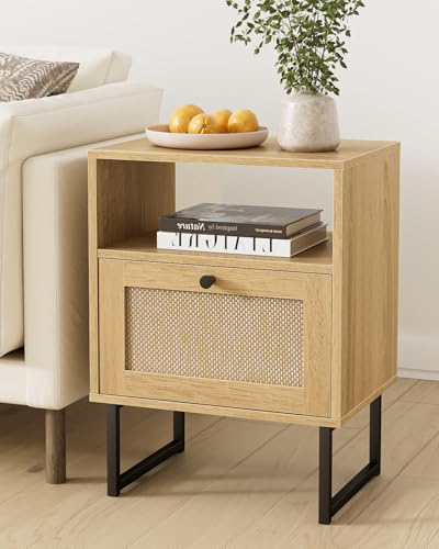 Image of Rattan Nightstand, Mid Century Modern Night Stand,Boho Farmhouse Wood Bedside Table with Storage and Open Shelf, End Side Accent Table for Bedroom,Living Room,Oak