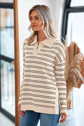 MASCOMODA Womens Sweaters Fall 2025 Oversized Striped Sweater Long Sleeve Polo V Neck Loose Side Slit Knitted Tunic Tops(Apricot,Large)3