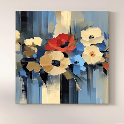 Image of Abstract Floral Stretched Canvas Wall Art Painting for Living Room | Modern Blue & White Flower Artwork Painting | Contemporary Decorative Wall Decor for Home & Office, 22x22 Inch