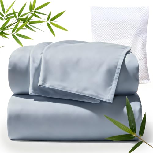 Image of TWK Real 100% Viscose Derived from Bamboo Sheets Set Full Size, Cooling & Silky Soft for Hot Sleeper, Breathable & Moisture Wicking Fabric, 18 inch Deep Pocket with Corner Straps