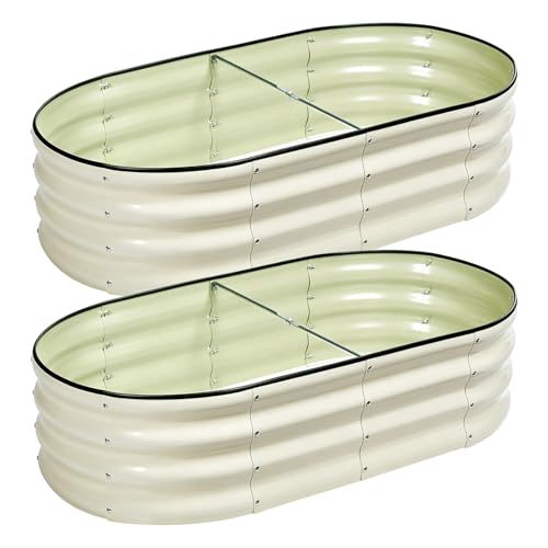 Image of 2 PCS Galvanized Raised Garden Bed 4x2x1 Ft, Oval Metal Outdoor Planter Box Kit with Safety Rubber Edge, Easy Assemble Bottomless Large Planting Container for Vegetable, Flower, Fruit, White