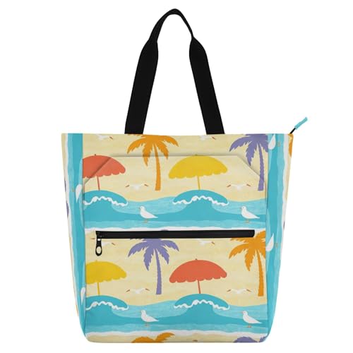 Bolsa de libros para la universidad con estampado de palmeras y gaviotas