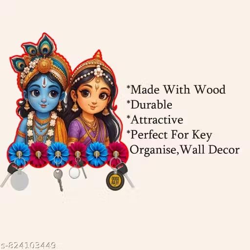 Image of Vintage Collection Wooden Key Holder for Wall, Wall Mounted Key Stand with Hooks, Hanging Rack for Living Room, Office and Door (Radhe Krishna Keyholder)