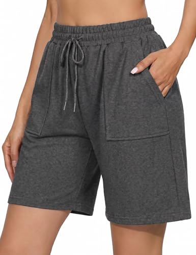Uniexcosm Kurze Sportshorts Damen Sporthose High Waist Shorts Damen Sommer Shorty mit Taschen und Kordelzug Freizeitshorts für Running Gym Fitness A:Dunkelschwarz L