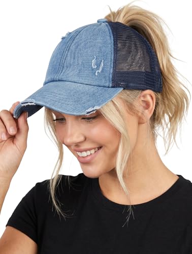 Funky Junque Women's Distressed Ponytail Trucker Hat with Criss Cross Ponytail Hole Messy Bun Baseball Cap - Navy Mesh - Denim (Distressed)