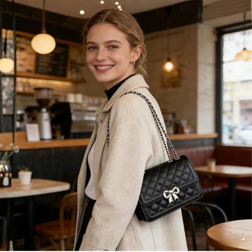 JANSBEN Handtasche Damen Klein - Kleine Umhängetasche Leder Crossbody Bag mit Kettenriemen Gesteppte Mehrere Fächer Tasche Schwarz