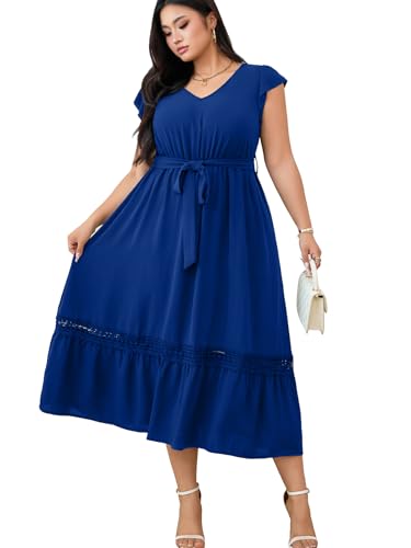 Image of RWJ Women Plus Size Summer Maxi Dress V Neck Cap Sleeveless Cocktail Casual Dresses with Belt