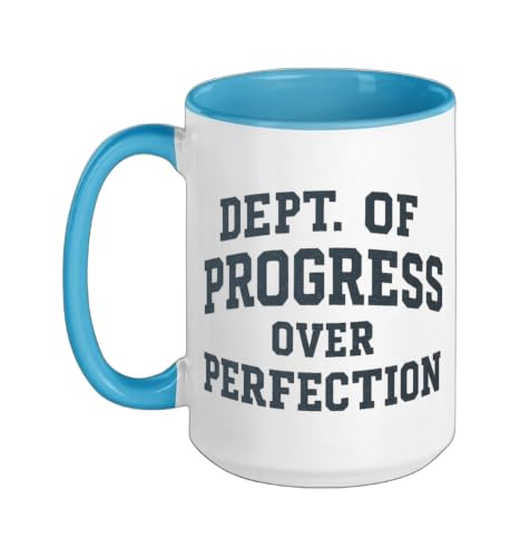 Progress Over Perfection Dept of College Style Encouragement Ceramic Mug, Blue/White, 15oz