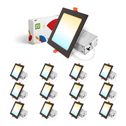 Asd 6 Inch Ultra Thin Square Led Recessed Lighting Oil Rubbed Bronze, 5 Cct 2700K-5000K 15W 60W Eqv 1197Lm, Dimmable Canless Ceiling Square Downlight With J-Box - Ul Energy Star 12 Pack #TOP17