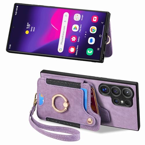 for Samsung Galaxy S24 Ultra Case with Card Holder for Woman Man,PU Leather Flip Folio Wallet Case,RFID Blocking Ring Holder Kickstand Wrist Strap Magnetic Protective Cover for Galaxy S24 Ultra Purple
