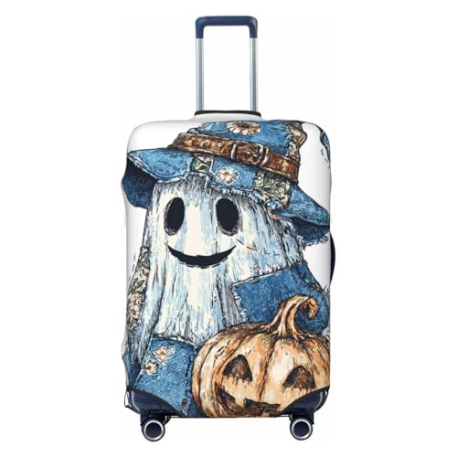 Blue Denim Ghost Witch'S Hat Pumpkin Elastic Travel Luggage Covers Dustproof Scratch-Resistant Suitcase Protector Fit 22-24 Inch