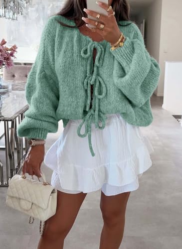 Image of chouyatou Women's Cute Bow Knot Cardigan Fall Casual Oversized Ribbed Knit Sweater Cardigan Tops