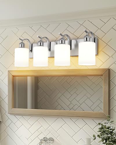 Image of Milk Glass Bathroom Light, 4-Light Vanity Light Fixture, Brushed Nickel Wall Sconce, VL01BNW-4