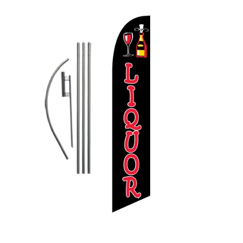 Liquor Market Feather Banner Swooper Flag Set with 15 foot Flag Pole Kit and Ground Stake