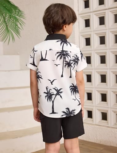 Image of IBTOM CASTLE Boys Hawaiian Button Down Shirts and Short Sets with Bucket Hat Kids Summer Vacation Outfits Tropical Shirt